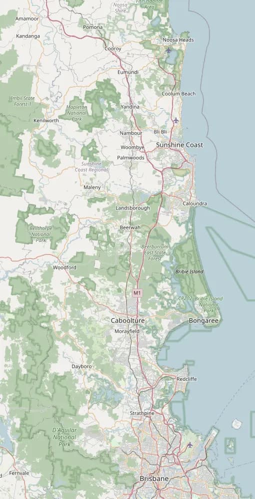 Map of the Sunshine Coast and Brisbane showing the Nuvolt workshop in Nambour and the regions we cover, from Noosa to Brisbane